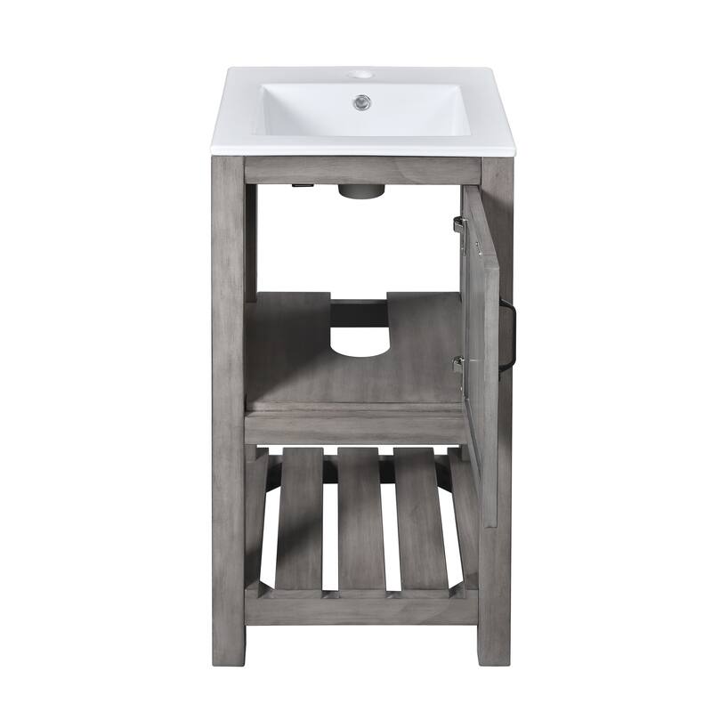 16" Compact Bathroom Vanity with Single Door Storage Cabinet, Open Hollow Out Shelf and Black Metal Handle for Small Space