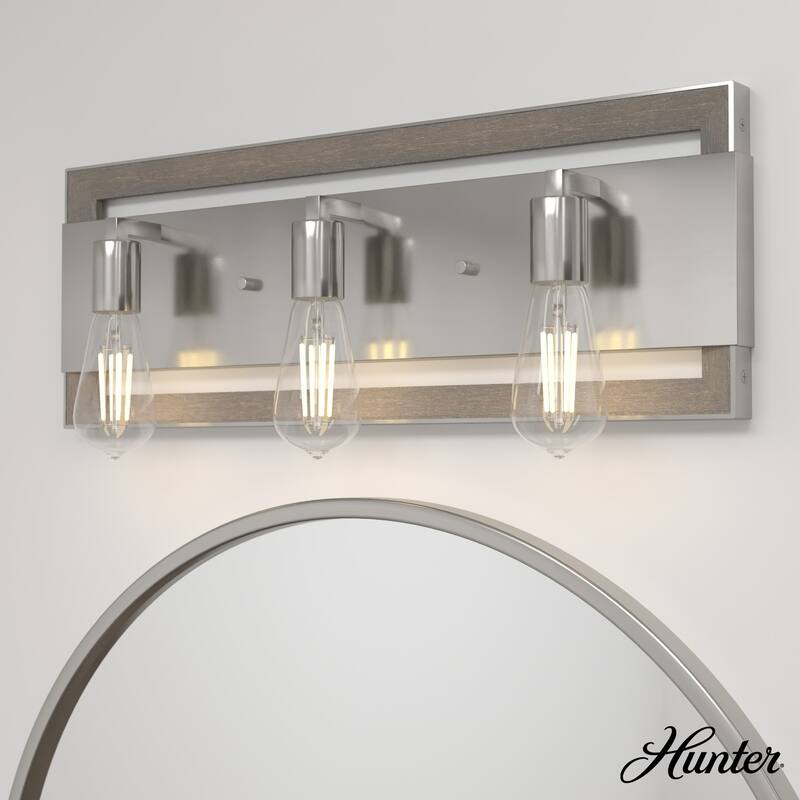 Hunter Woodburn Vanity Wall Light - Modern Farmhouse, Transitional, Rustic - Damp Rated! - 24" - 3 Light - Brushed Nickel
