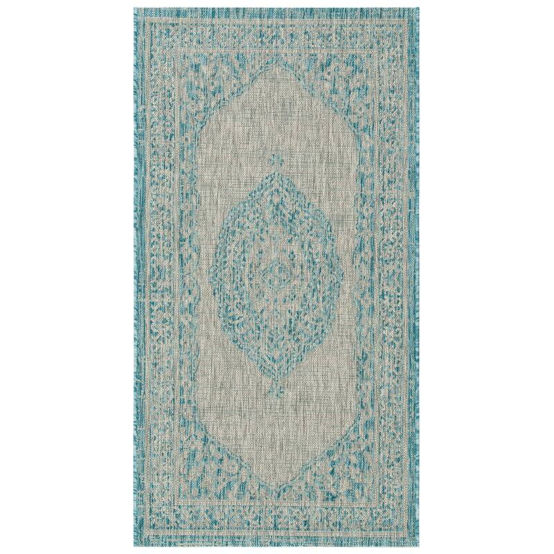 SAFAVIEH Courtyard Thoma Medallion Indoor/ Outdoor Waterproof Patio Backyard Rug - 2'7" x 5' - Light Grey/Aqua
