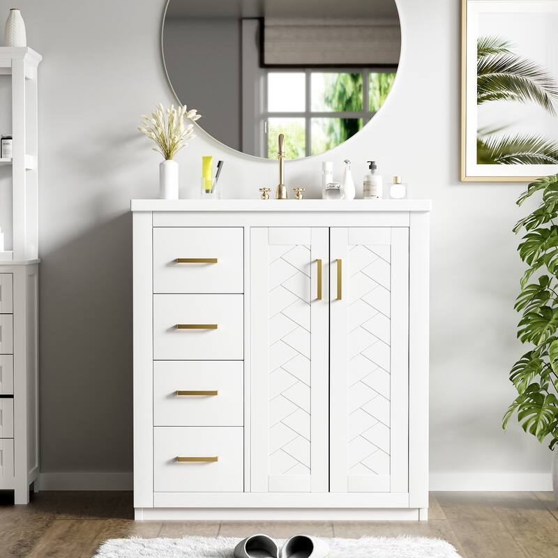 30" Modern Bathroom Vanity Combo with Ceramic Sink, Solid Wood Frame, 3 Drawers, Storage Cabinet