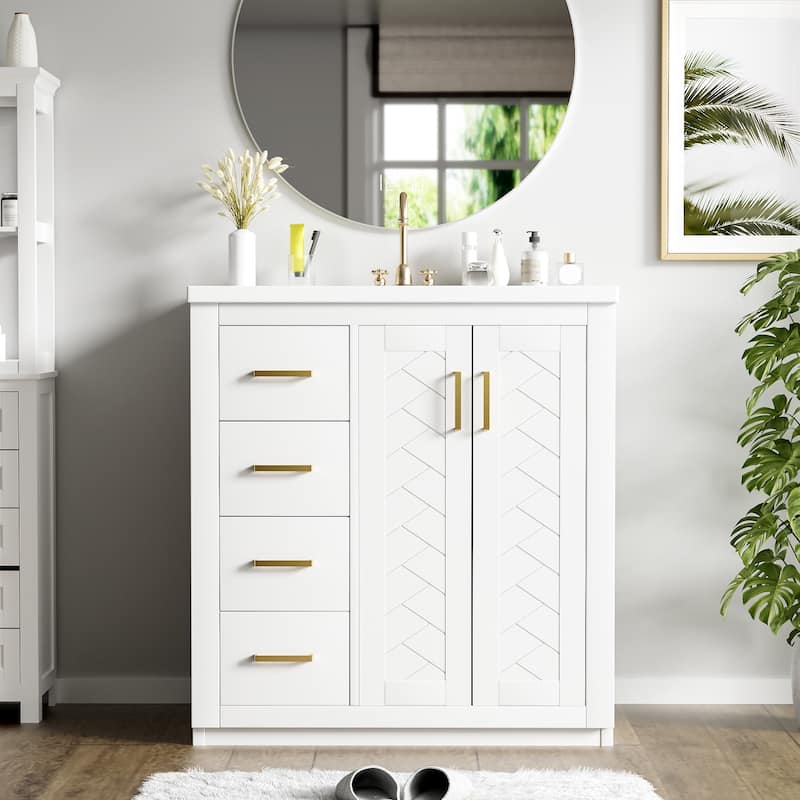 36" Bathroom Vanity with Sink, Floating Curved Edges Striped Storage Cabinet with a Drawer, White Round Ceramic Basin
