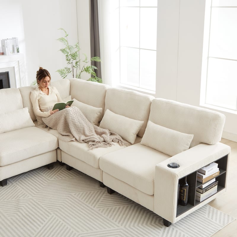 102.75" Corduroy L-Shaped Modular Sectional Sofa with Storage