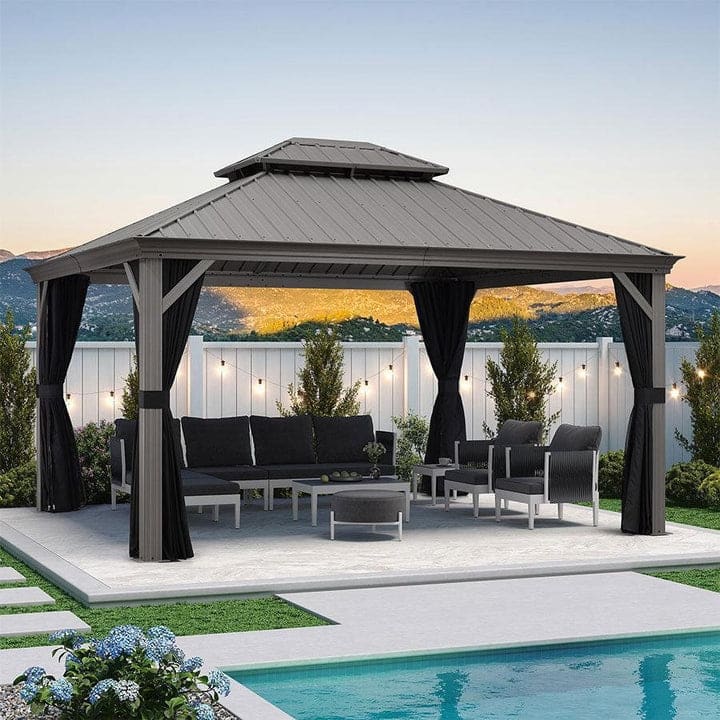 PURPLE LEAF Patio Gazebo for Light Grey Backyard Hardtop Galvanized Steel Frame with Upgrade Curtain - 12' x 14' - Light Grey