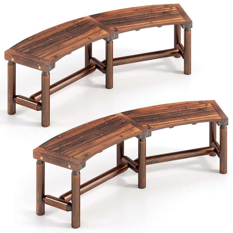 Gymax 2PCS Patio Curved Bench for 2-3 People Outdoor Loveseat for - Brown