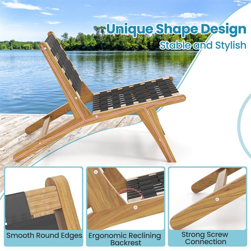 Gymax Teak Wooden Chair w/ Woven Webbing Seat & Backrest for Patio Mid