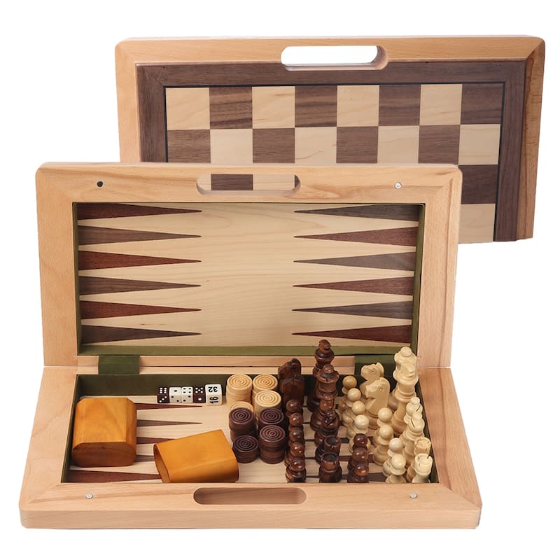 16" Classic 3-in-1 Wooden Folding Chess, Checker and Backgammon Board Game Combo Set