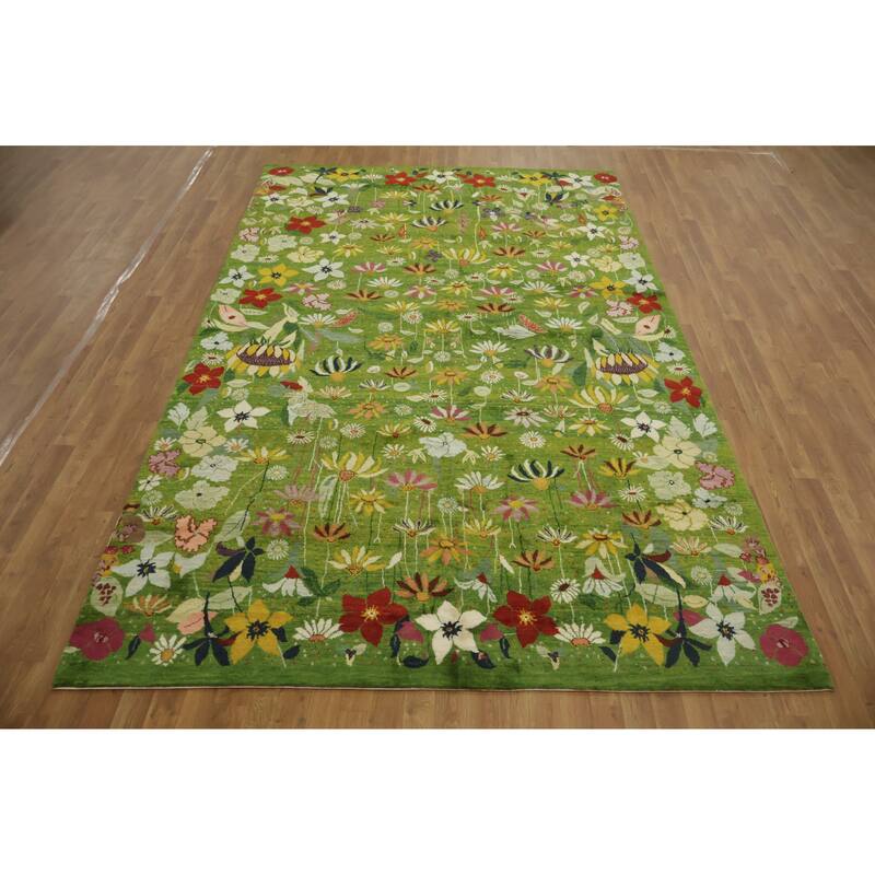 Hand Knotted Oriental 100% Wool Carpet Modern All-Over Green Gabbeh Area Rug - 11' 4'' X 7' 0''