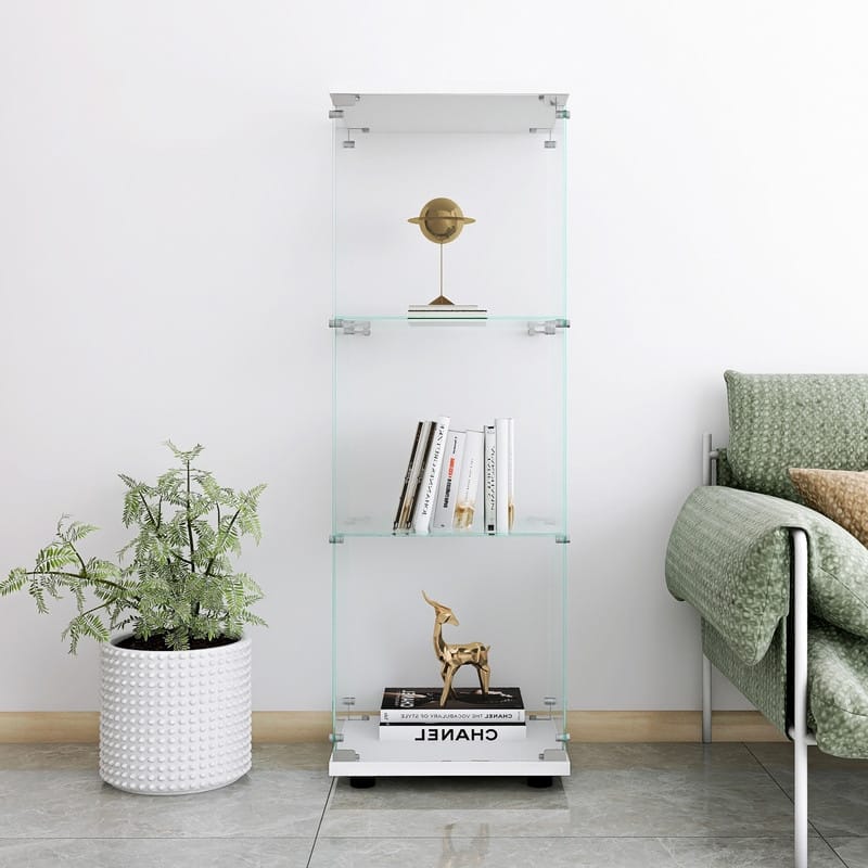 Modern Glass Curio Display Kitchen Cabinet File Cabinet with 3 Shelves - White