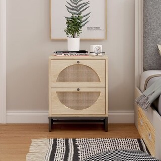 Natural Rattan, 2 Drawer Side Table, Nightstand Bedroom Storage Drawer Bedside, End Table for Living Room
