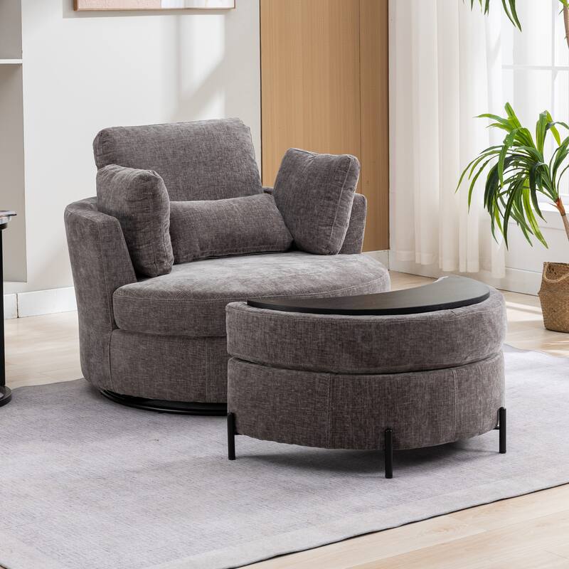 42.3"W Upholstered Swivel Accent Chair with 4 Pillows and Half-Moon Storage Ottoman