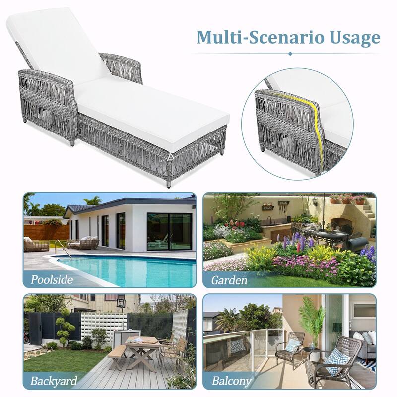 Outdoor Wicker Recliner - Adjustable Long Chaise with Armrests and Soft Cushions