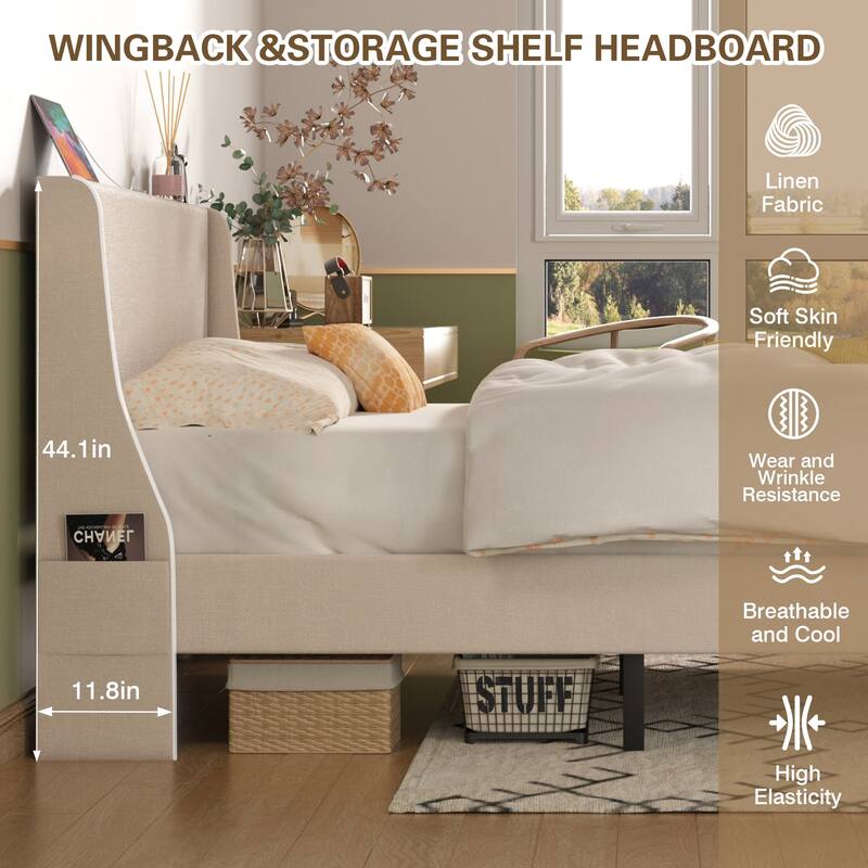VECELO Bed Frame with Upholstered Wingback Headboard,Platform Bedframe with Charging Station & Side Pockets