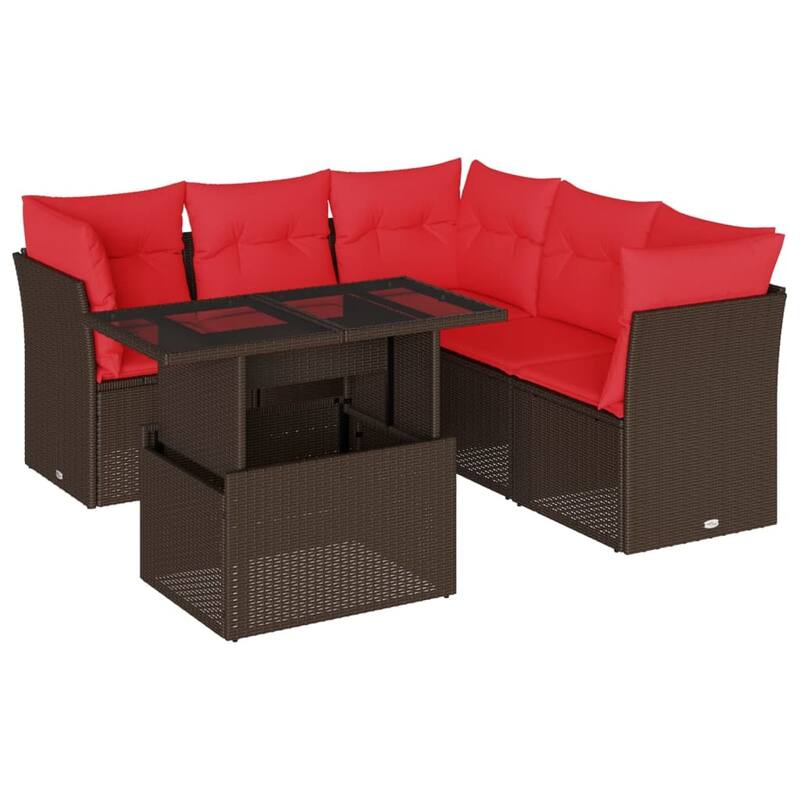 vidaXL 6 Piece Patio Sofa Set with Cushions Brown/Gray Poly Rattan - 24.4 x 24.4 x 27.2
