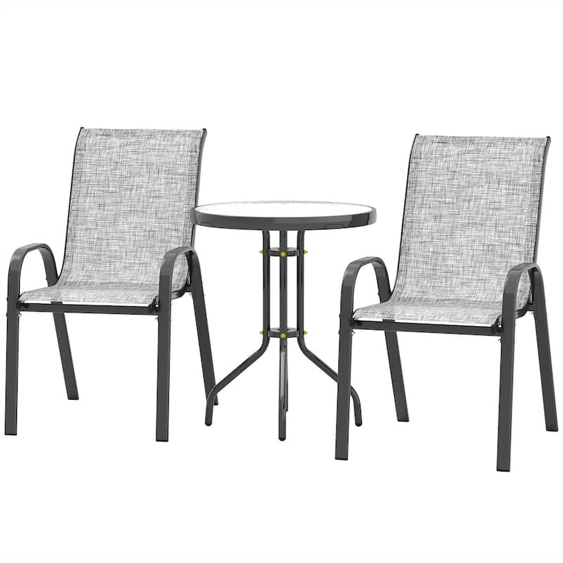 Grey and Black Small Patio Furniture Set with 2 Armchairs and Round Tempered Glass Table - 21.3" W x 28" D x 36.6" H
