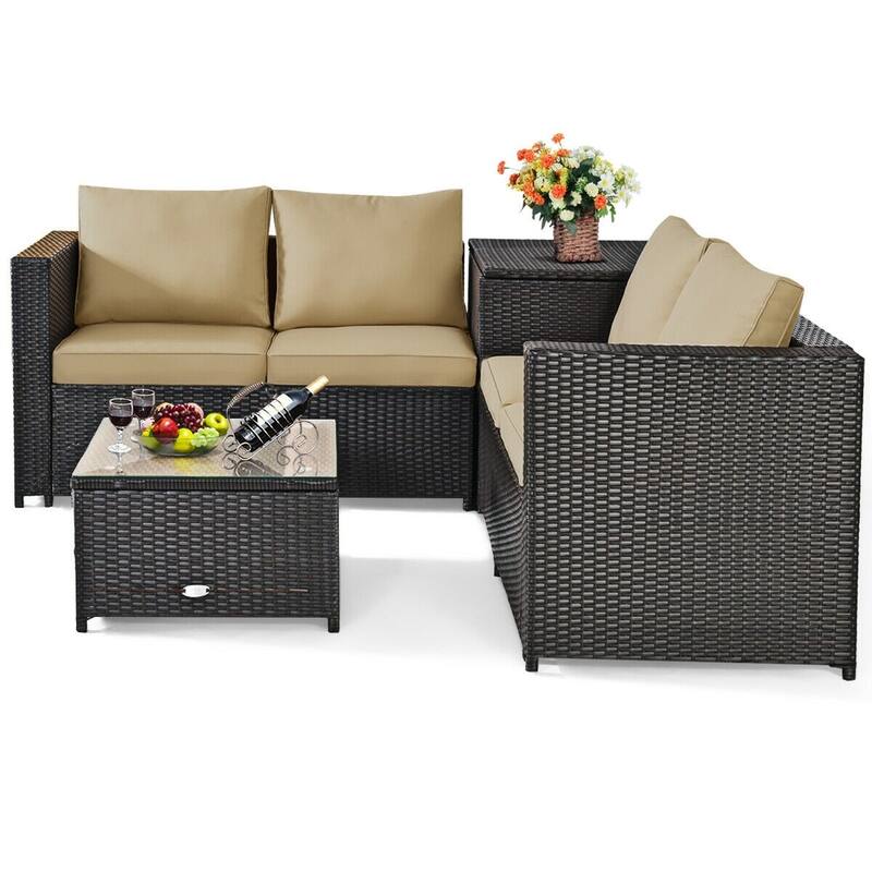 4 Pcs Outdoor Patio Rattan Furniture Set with Cushioned Loveseat and Storage Box