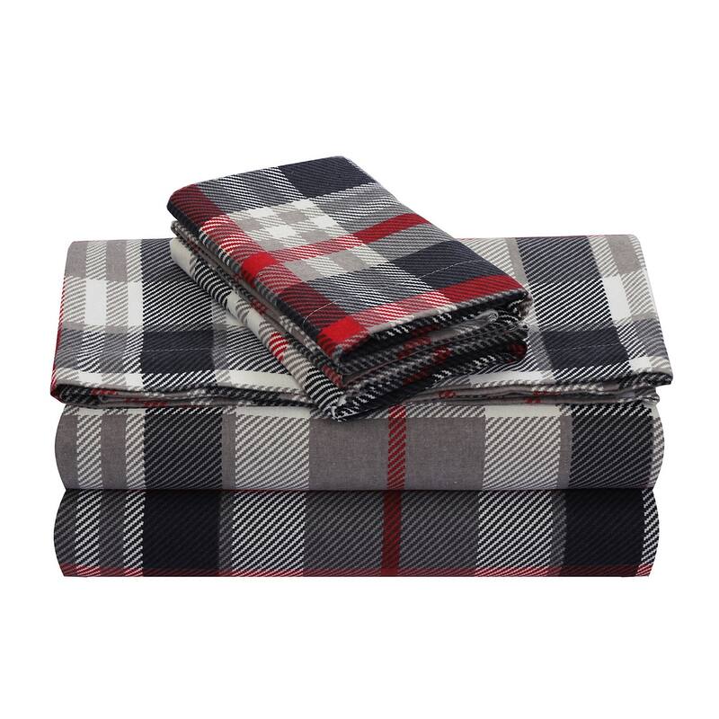 Feather & Stitch Cotton Flannel Sheets Set 4 Piece Bed Sheets Heavy Weight Bedding - Twin - Red Plaid