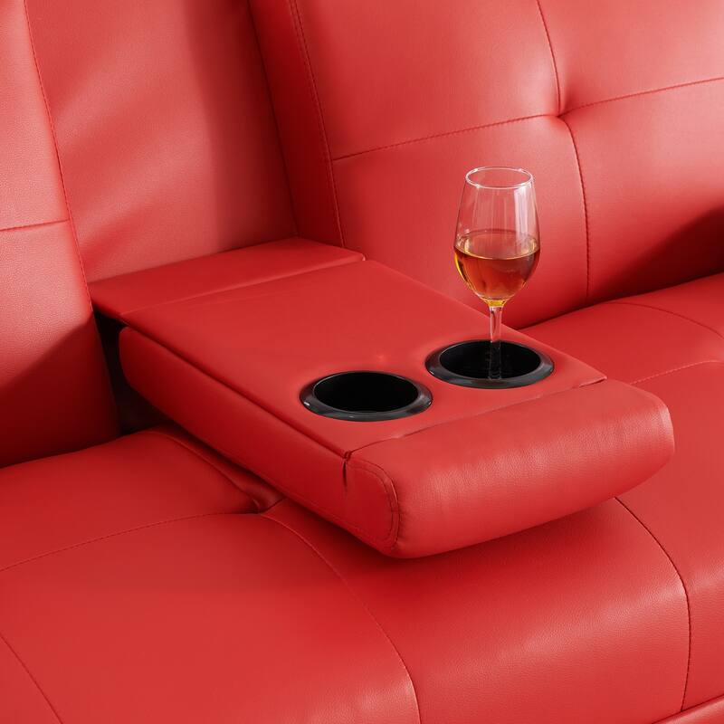 Roomfitters 67-Inch Red Faux Leather Convertible Futon Sofa Bed, Modern Sleeper Couch with Cup Holders for Small Spaces
