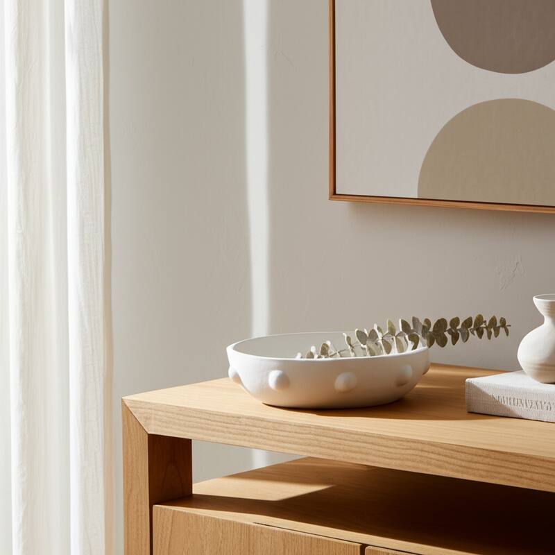 Pottery Clay Bowl Raised Dot-Textured Accents for Home - 14" White - 14" x 14" x 3.75"