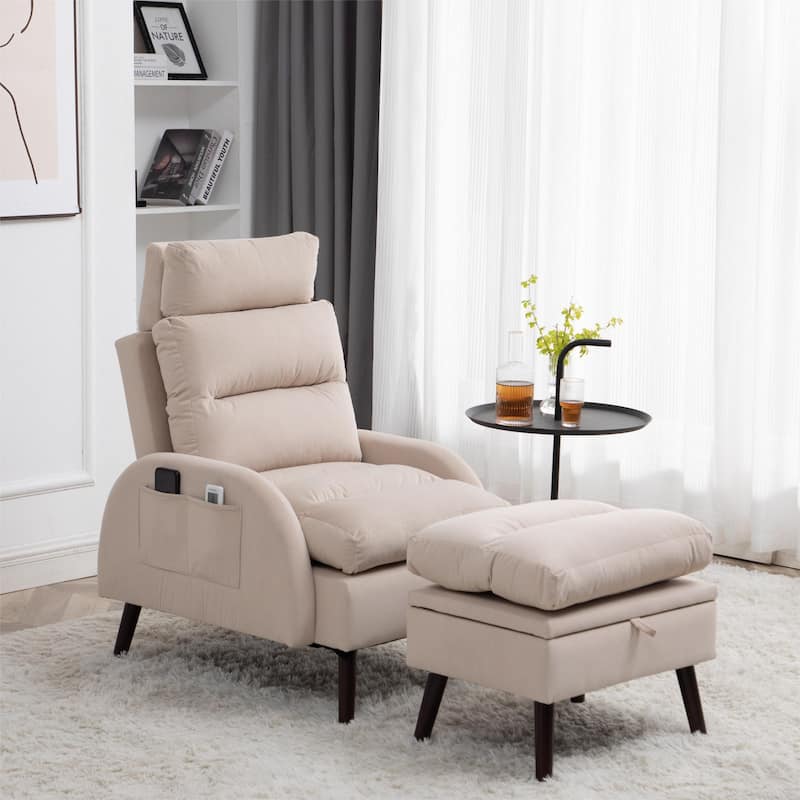 HOMYKA Accent Lounge Chair with Adjustable Backrest Storage Ottoman - Khaki