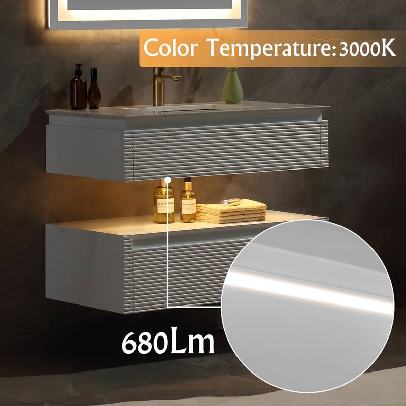 Modland 36''/48'' Floating Bathroom Vanity with ETL-Certified LED Lighting, Soft-Close Drawers & Waterproof, White