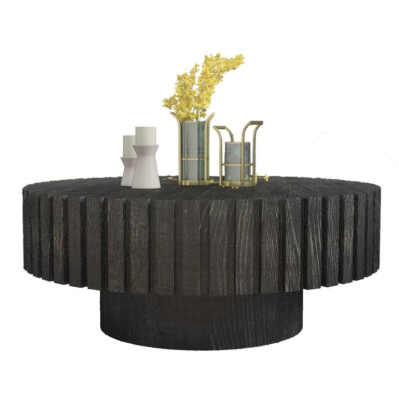GDFStudio - Norwyn Minimalist Aesthetics Round Coffee Table with Sturdy Base and Handcrafted Relief Carving - 31.5"W
