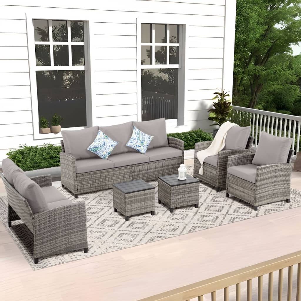 7-PC Gray Wicker Patio Conversation Set with Ottoman