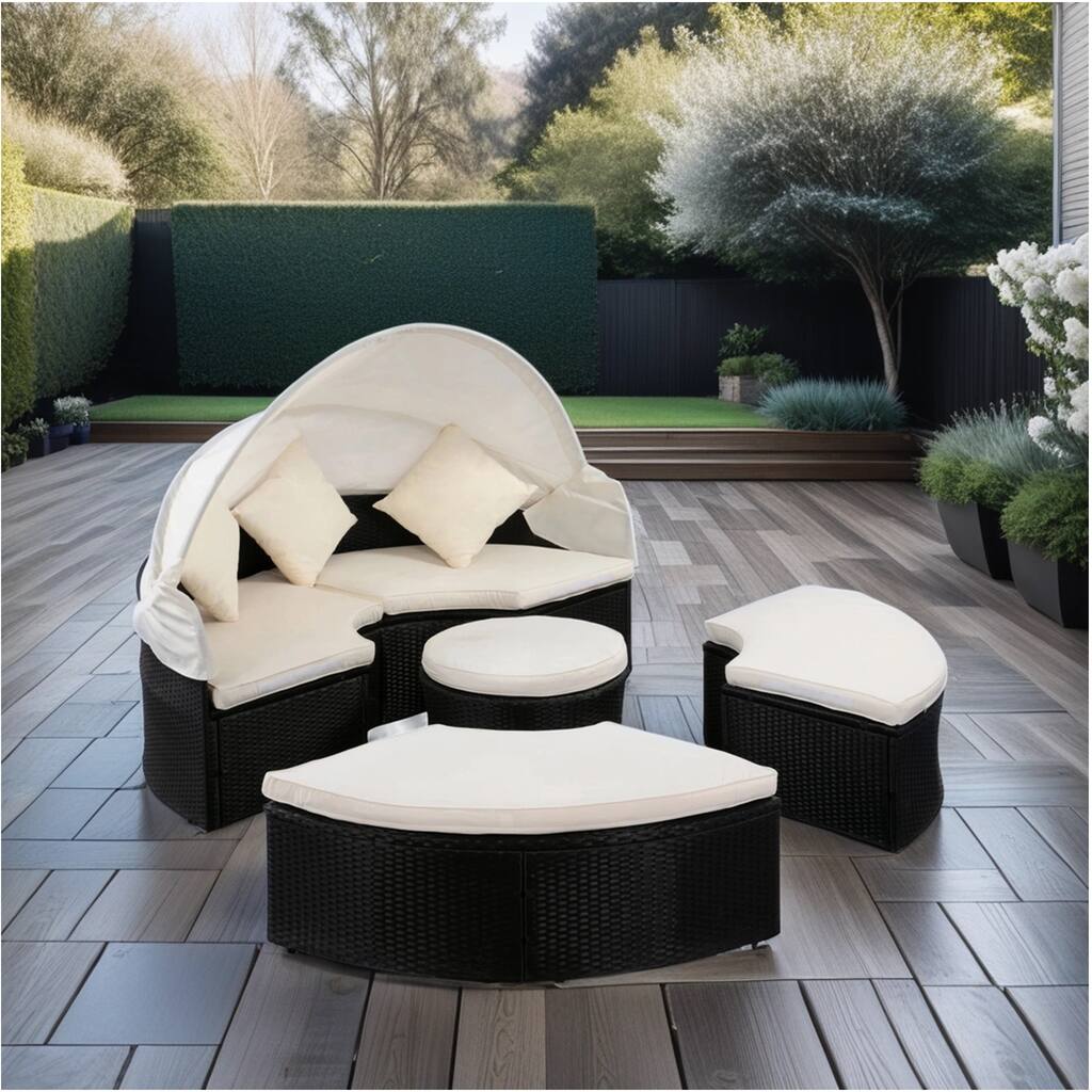 Beige+Black Rattan Wicker Furniture Sectional Sofa Set with Retractable Canopy