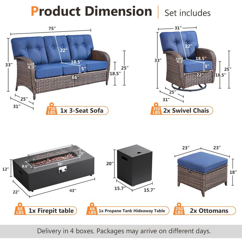 Pocassy 43-In Fire Pit w/ Outdoor Sofa Swivel Chair Ottoman Set