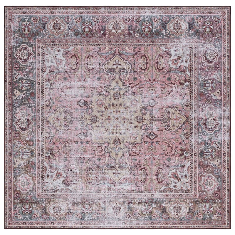 SAFAVIEH Tucson Machine Washable Slip Resistant Jeanne Traditional Rug - 6' Square - Pink/Beige