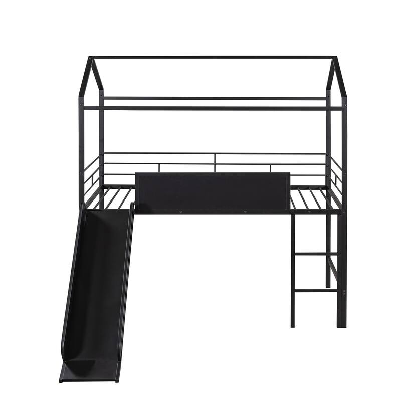 Metal House Bed Twin Size Loft Bed for Kids with Slide, Blackboard, Ladder Mosquito Net Brackets and Roof, Fun Platform Bed