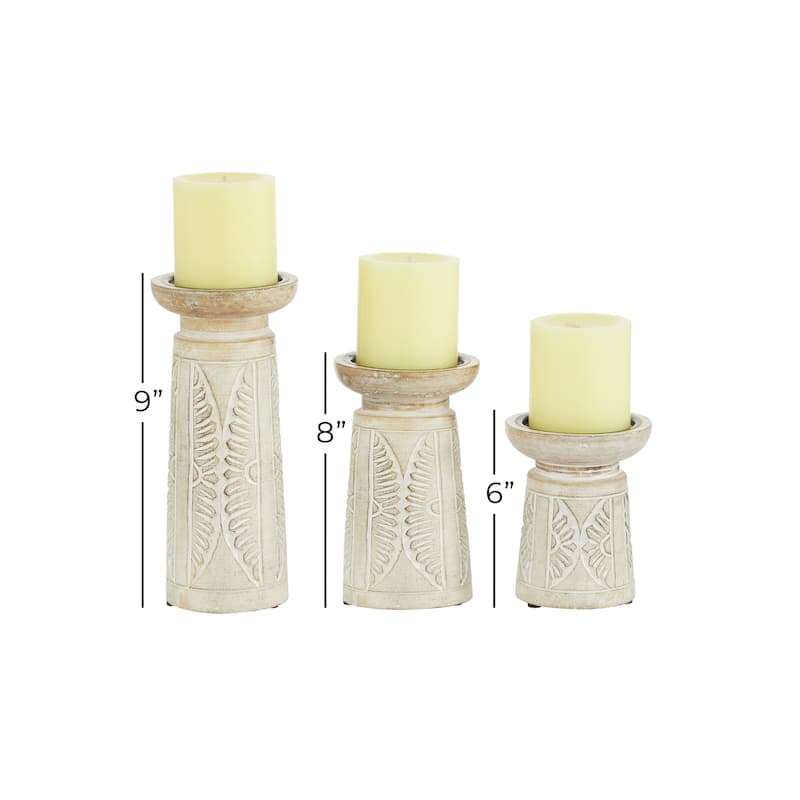Wood Floral Handmade Intricate Carved Pillar Candle Holder - Set of 3 White - Roche River Decor - 4"W x 4"L x 10"H