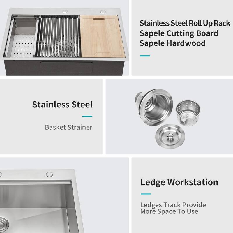 33 Drop In Kitchen Sink - Stainless Steel Drop In Sink Ledge Workstation 16 Gauge Topmount Kitchen Sink Single Bowl