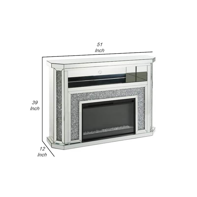 Electric Fireplace with Mirror Panel Framing and Faux Diamonds, Silver