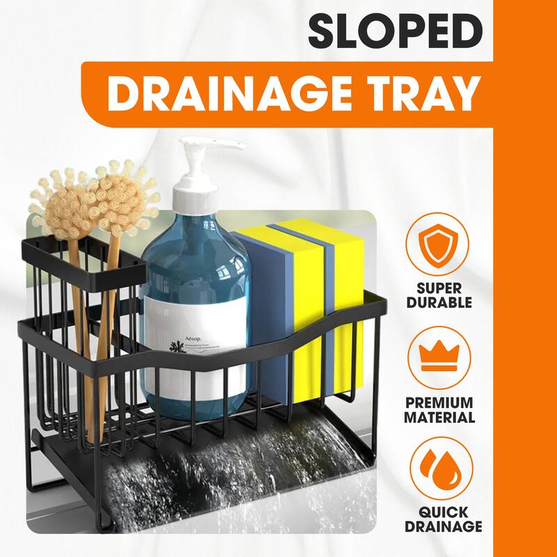 Cheer Collection Sink Caddy Sponge Holder with Drain Tray and Brush Organizer