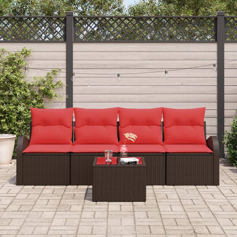 vidaXL 5 Garden Sofa Set with Cushions Black/Brown/Grey Poly Rattan - 92.1 x 24.4 x 27.2
