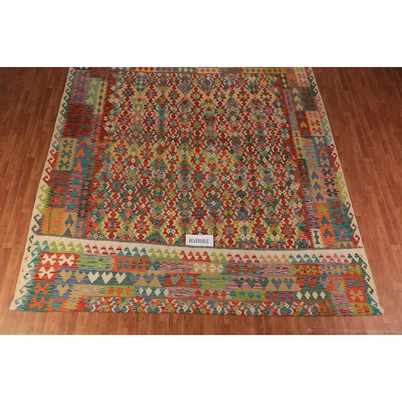 Reversible Kilim Oriental Area Rug Hand-Woven Geometric Wool Carpet - 10'0"x 12'10"