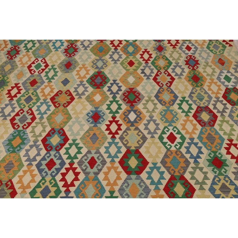 Geometric Beige Kilim Oriental Area Rug Flatweave Wool Carpet - 8'5" x 10'3"