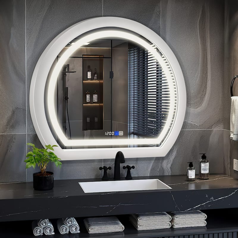 Arched Black Framed LED light Anti-fog 3 Colors Dimmable Wall Mirror - 27.6x23.6 - White