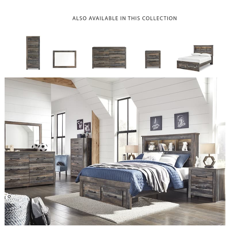 Drystan Rustic Brown Bookcase Bed with Footboard Storage Drawers