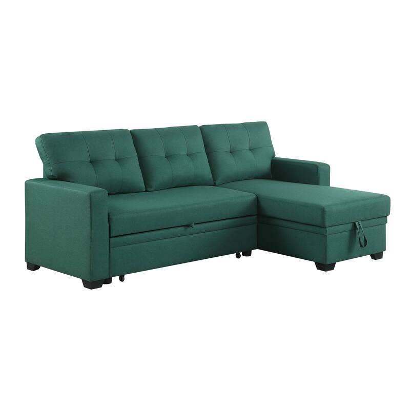 Green Linen Upholstered Pull out Sectional Sofa with Chaise