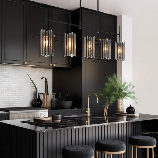 slide 2 of 15, Tifany Modern 5-Light Black Chandelier Large Linear 45. IN Colored Glass Kitchen Island Lights - L 45.3" x W 4.3" x H 17.3"