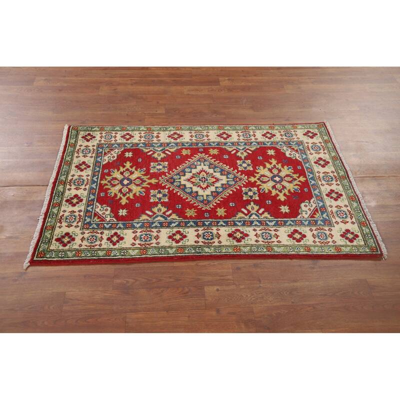 Red Geometric Kazak Foyer Rug Handmade Traditional Wool Carpet - 2'10" x 4'1"