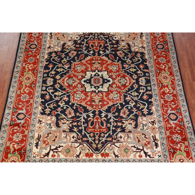 Hand Knotted Oriental 100% Wool Carpet Traditional All-Over Navy Blue & Blues Heriz (serapi) Area Rug - 12' 0'' X 9' 1''