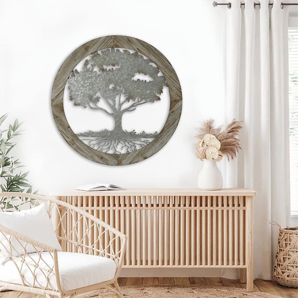 Metal Tree of Life with Roots Wall Decor with Round Wood Frame