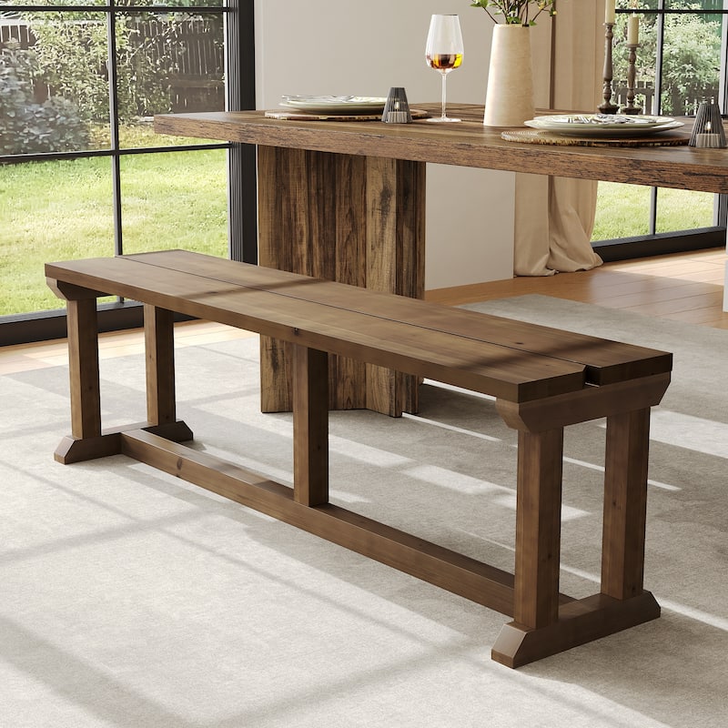 Solid Wood Dining Bench, 59" Farmhouse Bench Kitchen Table Seat - Brown