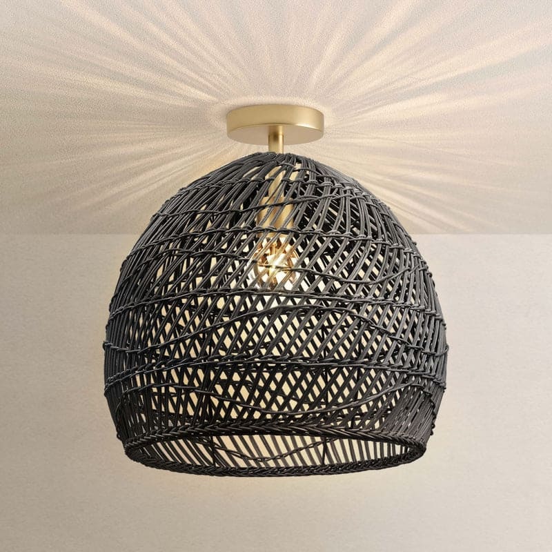 Lunar Rattan Flush Mount Rattan Black 1-Light Handwoven Ceiling Light for Bedroom or Hallway in Modern, Mid-Century, Boho Style