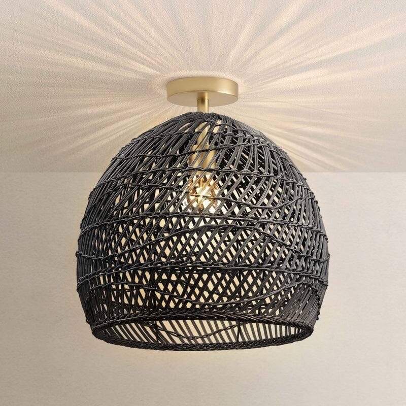 Lunar Rattan Flush Mount Rattan Black 1-Light Handwoven Ceiling Light for Bedroom or Hallway in Modern, Mid-Century, Boho Style