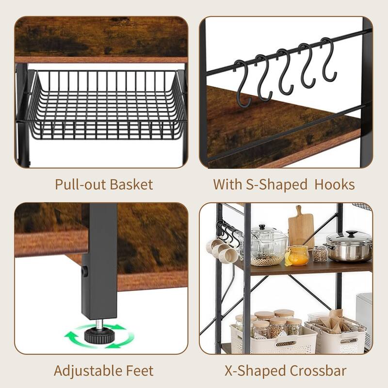 Bakers Rack with Power Outlet, Microwave Stand with Storage, Coffee Bar with S-Shaped Hooks, Kitchen Shelf with Wire Basket