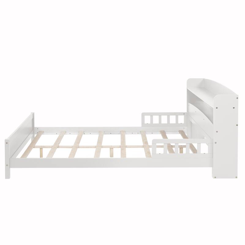 Full Size Wood Bed with Bookcase Headboard, Motion Sensor LED Light, and Optional Bed Guardrails