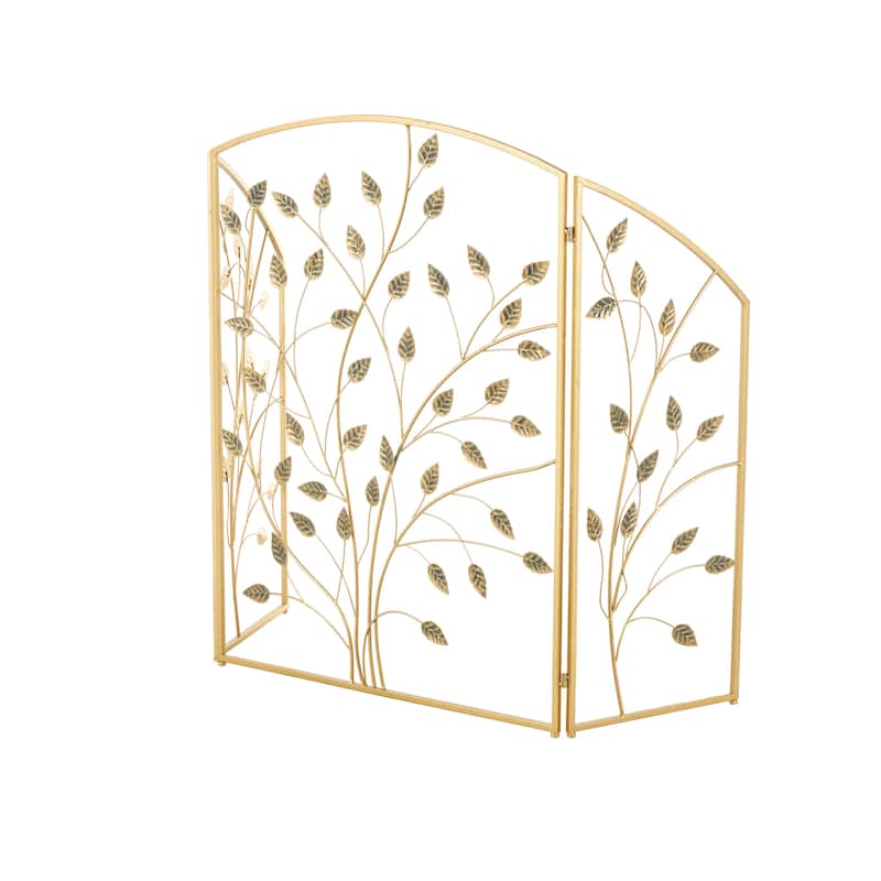 Metal Leaf Foldable 3 Panel Fireplace Screen - Gold - Roche River Decor